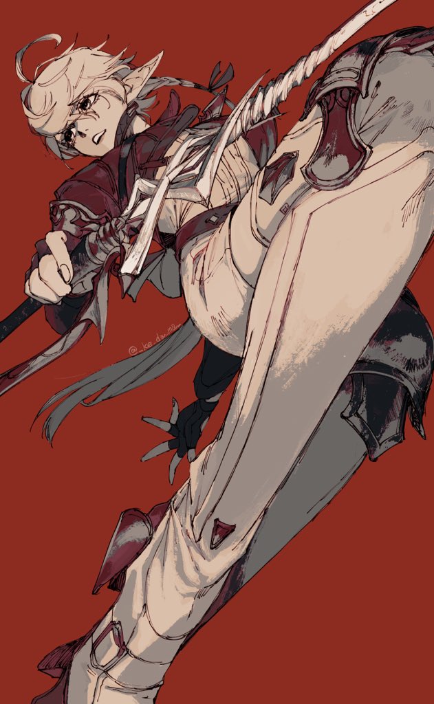 1girl ahoge alisaie_leveilleur belt black_gloves boots braid braided_ponytail cropped_jacket dynamic_pose elezen elf final_fantasy final_fantasy_xiv fingerless_gloves foot_out_of_frame foreshortening from_below gloves hair_ribbon holding holding_sword holding_weapon jacket knee_pads limited_palette long_hair looking_to_the_side open_mouth outstretched_arms piyomotsu pointy_ears red_background red_jacket red_mage ribbon romper serious signature simple_background single_braid solo sword thigh_boots twitter_username weapon white_footwear white_hair white_romper