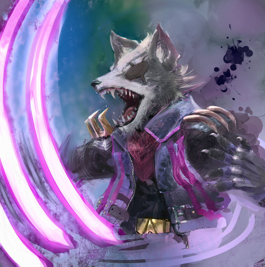 1boy animal_ears animal_hands animal_nose attack bandana belt belt_buckle black_gloves black_shirt body_fur buckle byte_(grunty-hag1) claws commentary_request eyepatch fingerless_gloves furry furry_male gloves grey_fur hand_up long_sleeves male_focus open_clothes open_mouth open_vest partial_commentary purple_vest red_bandana sharp_teeth shirt smear_frame snout solo standing star_fox teeth tongue two-tone_fur upper_body vest white_fur wolf_boy wolf_ears wolf_o'donnell