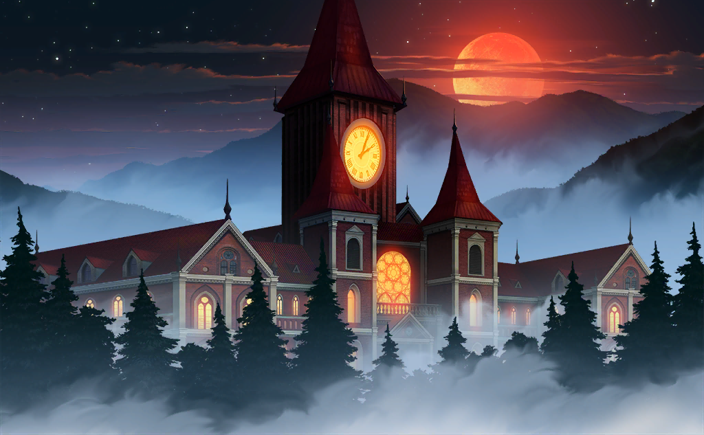 clock clock_tower clouds fog forest full_moon game_cg justinas_vitkus landscape mansion moon mountainous_horizon nature night night_sky no_humans official_art outdoors pine_tree red_moon scarlet_devil_mansion sky stained_glass star_(sky) third-party_source touhou touhou_cannonball tower tree window