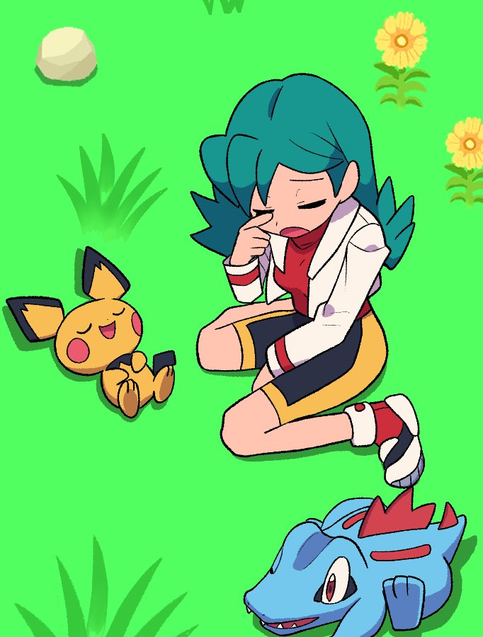 1girl :o bike_shorts closed_eyes commentary day flower grass green_hair hand_up jacket kris_(pokemon) long_hair long_sleeves open_clothes open_jacket open_mouth outdoors pichu pokemon pokemon_(creature) pokemon_(game) pokemon_gsc red_shirt rock shirt shoes sleepy symbol-only_commentary totodile tyako_089 white_jacket yellow_flower