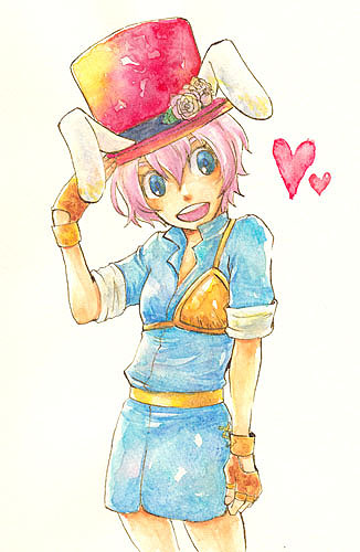 1girl animal_ear_headwear animal_ears archer_(ragnarok_online) blue_dress blue_eyes blush breasts brown_gloves collared_dress commentary_request cowboy_shot dress fake_animal_ears fingerless_gloves flower gloves hair_between_eyes hat hat_flower heart long_bangs looking_at_viewer lowres muneate open_mouth pink_flower pink_hair ragnarok_online red_headwear round_teeth short_dress short_hair short_sleeves simple_background small_breasts smile solo teeth top_hat traditional_media umaruzo upper_teeth_only white_background