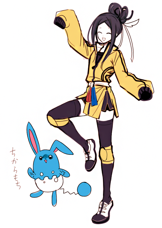 azumarill black_leggings black_undershirt closed_eyes cute hair_bun hair_ornament knee_guards mache_(pokemon) master_dojo_uniform no_background open_mouth oversized_clothes oversized_sweater shorts smile sneakers standing_on_one_leg translation_request valerie_(pokemon) white_sneakers yellow_sweater
