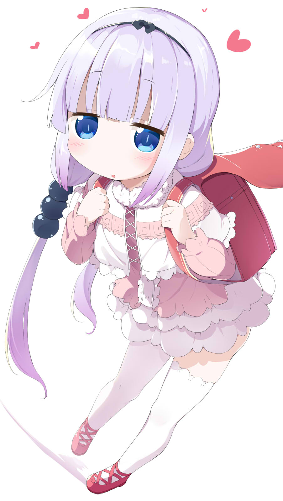 1girl :o backpack bag black_bow black_hairband blue_eyes blunt_bangs blush bow capelet commentary_request dress hair_bow hairband hands_up heart highres holding_strap kanna_kamui kobayashi-san_chi_no_maidragon leaning_forward long_hair looking_at_viewer makuran parted_lips pink_dress purple_hair randoseru red_footwear shadow shoes simple_background solo standing thigh-highs very_long_hair white_background white_capelet white_thighhighs
