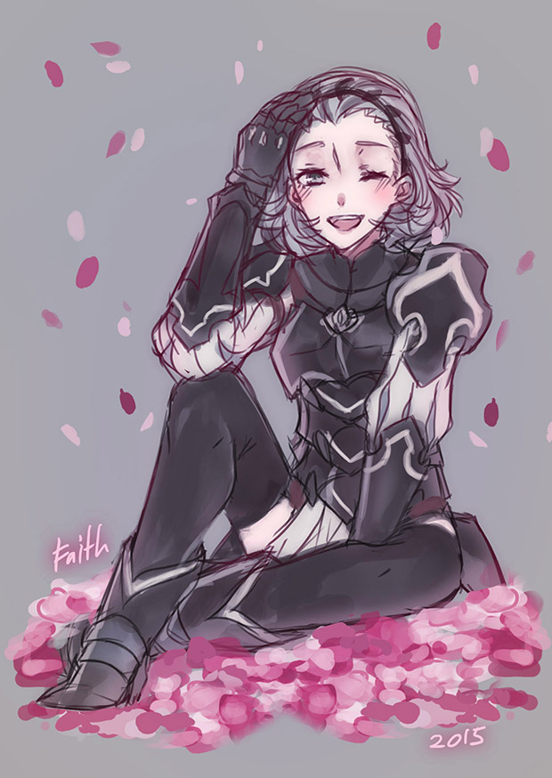 1girl armor armored_boots black_hairband boots faithoala fire_emblem fire_emblem_fates grey_hair hairband hand_on_own_head one_eye_closed open_mouth sitting solo sophie_(fire_emblem) teeth upper_teeth_only