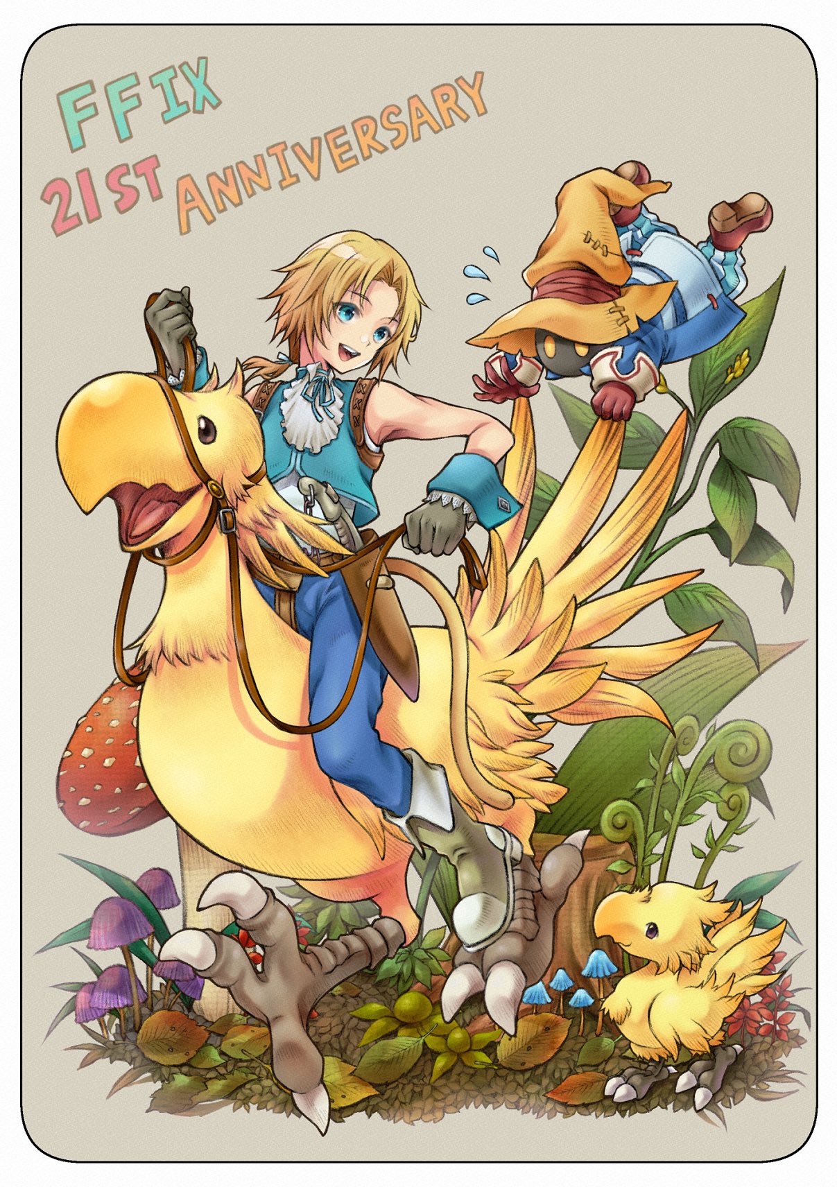 2boys anniversary ascot bare_shoulders black_mage blonde_hair blue_eyes blue_jacket blue_pants blue_ribbon blue_vest boots brown_footwear chocobo final_fantasy final_fantasy_ix flying_sweatdrops full_body gloves hat highres jacket looking_at_another low_ponytail multiple_boys mushroom neck_ribbon open_mouth pants plant quichi_91 reins ribbon riding riding_animal riding_bird short_hair_with_long_locks teeth tree_stump upper_teeth_only vest vivi_ornitier white_ascot wizard_hat yellow_headwear zidane_tribal
