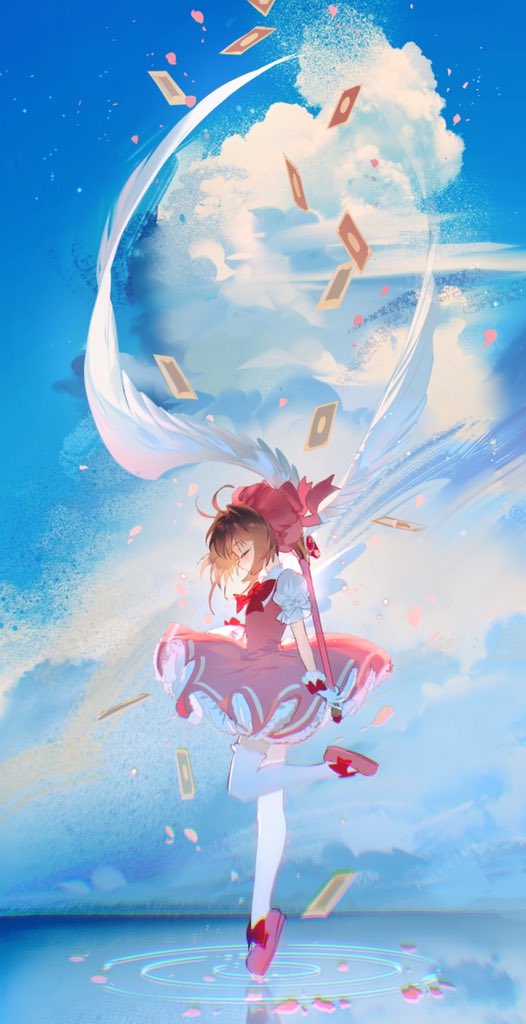 1girl antenna_hair blue_sky bow bowtie brown_hair card cardcaptor_sakura closed_eyes clouds dress falling_card falling_petals footwear_bow frilled_dress frilled_gloves frills from_side fuuin_no_tsue glove_bow gloves hair_intakes hat hat_bow holding holding_wand kinomoto_sakura leg_up light_particles magical_girl petals pink_bow pink_dress pink_footwear pink_headwear profile puffy_short_sleeves puffy_sleeves red_bow red_bowtie ripples rumoon shirt shirt_bow shirt_under_dress shoes short_dress short_hair short_sleeves sky solo standing standing_on_liquid standing_on_one_leg thigh-highs wand water white_bow white_gloves white_shirt white_thighhighs white_wings wings zettai_ryouiki