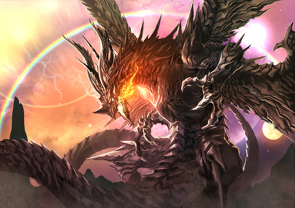 bahamut_(final_fantasy) claws commentary_request dragon dragon_horns dragon_wings electricity fantasy fire hanekura_bou horns long_tail monster multiple_wings no_humans original rainbow tail western_dragon wings
