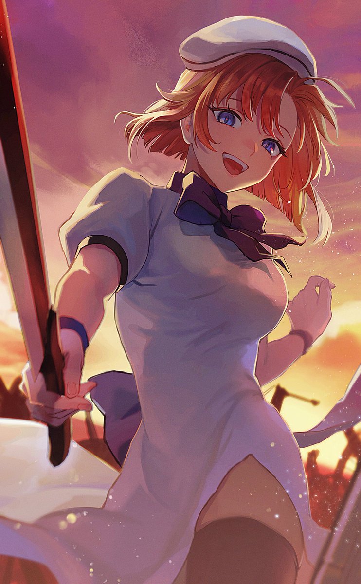 1girl back_bow beret black_thighhighs blue_eyes blurry blurry_background bow bowtie breasts cowboy_shot depth_of_field dress gradient_sky hand_up hashitsuki_nata hat highres higurashi_no_naku_koro_ni holding holding_weapon lavo light_particles looking_at_viewer medium_breasts nata_(tool) open_mouth orange_hair orange_sky puffy_short_sleeves puffy_sleeves purple_bow purple_bowtie purple_sky purple_wristband ryuuguu_rena short_hair short_sleeves sky smile solo sunset teeth thigh-highs upper_teeth_only weapon white_dress white_headwear wristband zettai_ryouiki