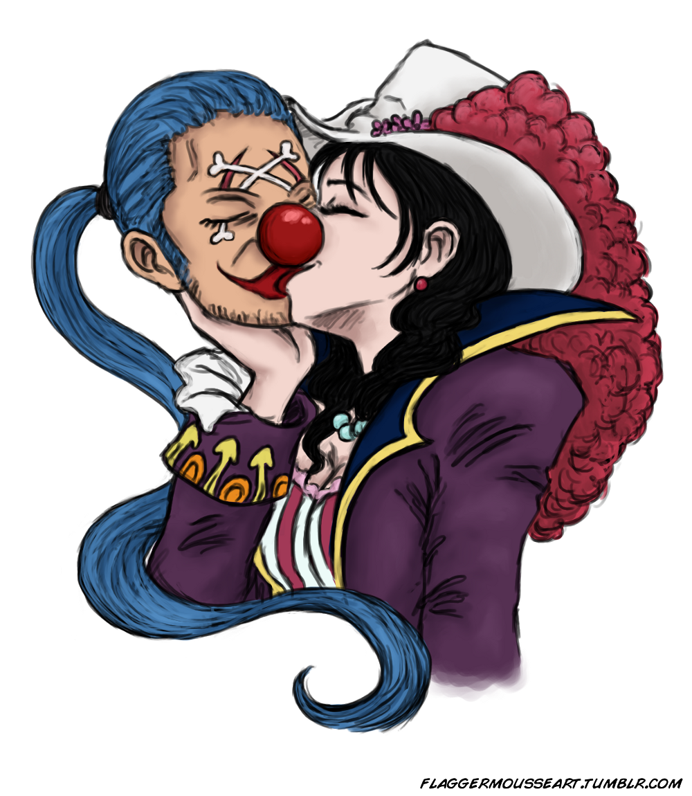 1boy 1girl alvida_(one_piece) artist_name bead_necklace beads black_hair buggy_the_clown closed_eyes clown_nose cowboy_hat disembodied_head earrings facial_hair facial_mark flaggermousseart hand_on_another's_chin hat hat_feather jewelry kiss long_hair low_ponytail necklace one_piece ponytail red_lips red_nose simple_background web_address white_background white_headwear