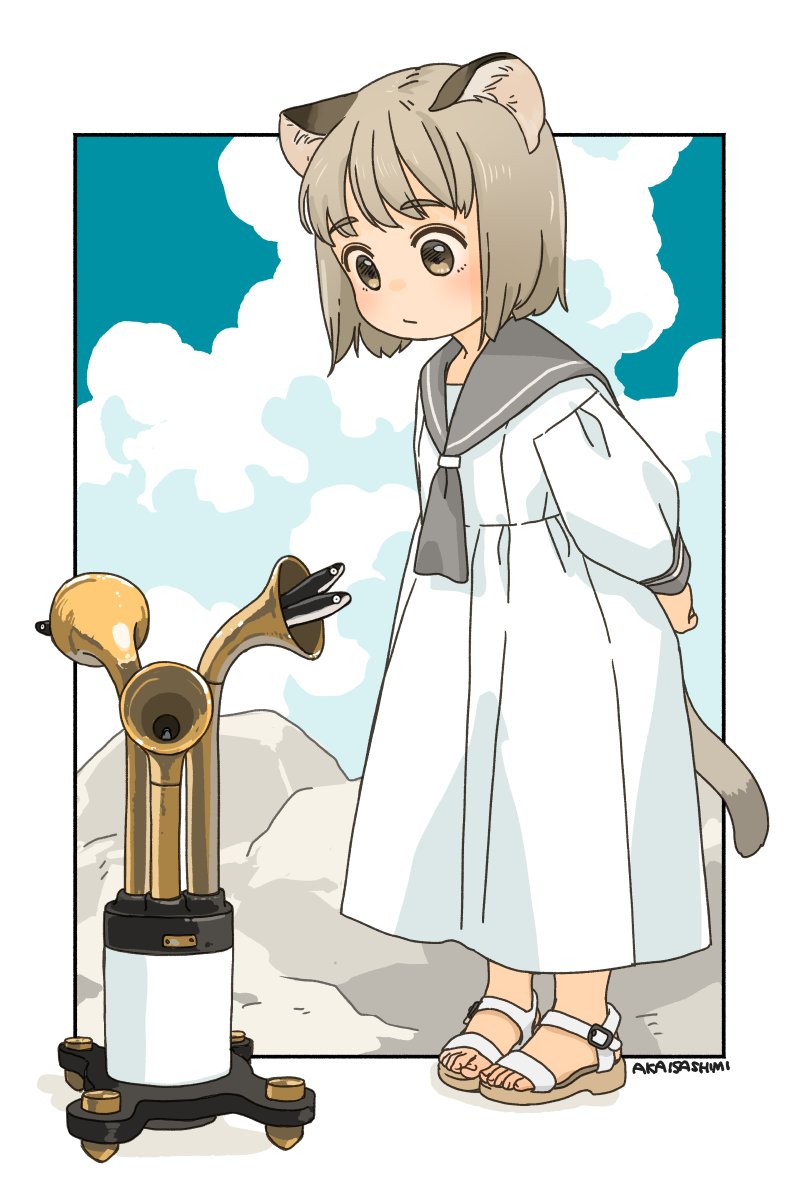 1girl akai_sashimi animal_ears arms_behind_back artist_name barefoot_sandals blue_sky blush border brown_eyes brown_hair cat_ears cat_girl cat_tail closed_mouth clouds cloudy_sky cumulonimbus_cloud dress fish full_body grey_neckerchief grey_sailor_collar highres horn_speaker long_sleeves looking_at_animal looking_down neckerchief original outside_border puffy_long_sleeves puffy_sleeves raised_eyebrows rock sailor_collar sardine short_hair sky solo standing tail white_border white_dress