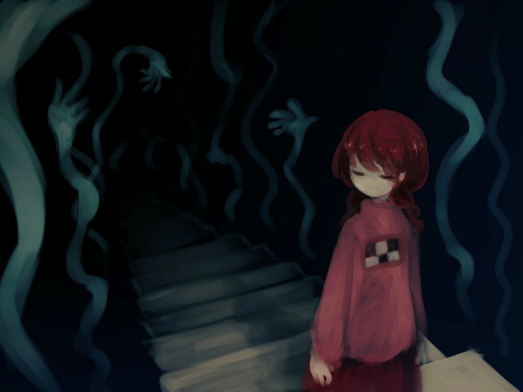 1girl alternate_hair_color arms_at_sides black_background braid closed_eyes closed_mouth cowboy_shot dark darkness disembodied_limb expressionless facing_back from_above horror_(theme) light long_hair madotsuki mosamochi no_mouth no_nose red_skirt redhead shadow sidelocks skirt solo stairs standing sweater swept_bangs turtleneck turtleneck_sweater twin_braids twintails yume_nikki