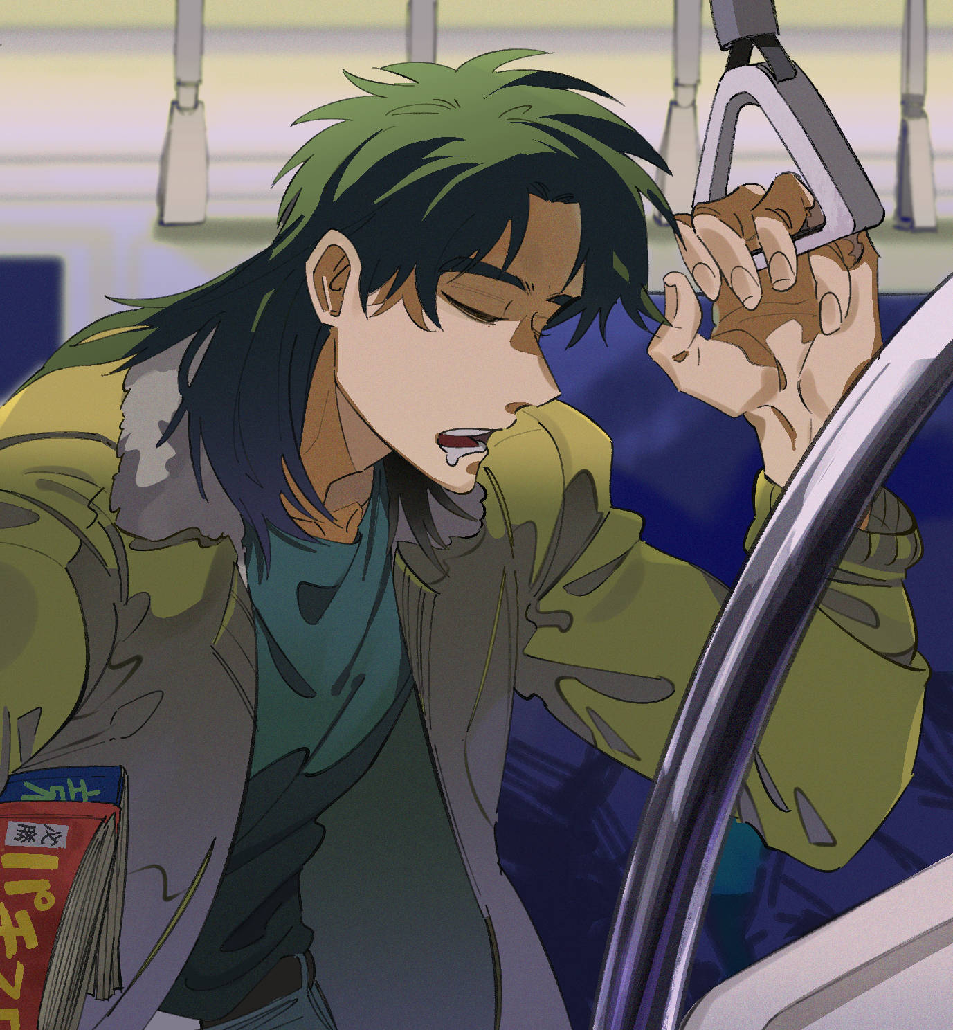 1boy black_hair black_shirt bomber_jacket brown_jacket closed_eyes commentary_request drooling fingernails hand_grip highres holding holding_hand_grip holding_magazine inudori itou_kaiji jacket kaiji long_hair long_sleeves magazine_(object) male_focus medium_bangs mouth_drool open_clothes open_jacket open_mouth parted_bangs shirt sleeping sleeping_upright solo teeth train_interior upper_body