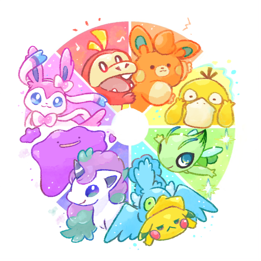 ._. 1other :&lt; :3 annoyed antennae aqua_hair bird black_eyes blue_eyes blue_sclera blush_stickers bow bowtie bright_pupils brown_eyes celebi chibi closed_mouth color_wheel_challenge colored_sclera colored_skin commentary cramorant ditto duck eating english_commentary fairy fairy_wings fangs flying fuecoco full_body galarian_ponyta green_eyes green_skin hair_bow half-closed_eyes hands_on_own_cheeks hands_on_own_face happy heart jitome kinakomochi_(monsteromochi) long_hair multicolored_hair multiple_drawing_challenge musical_note notice_lines open_mouth pawmi pikachu pink_bow pink_bowtie pokemon pokemon_(creature) psyduck purple_hair rainbow_gradient red_eyes ribbon round_image slime_(creature) smile sparkle sylveon two-tone_hair unicorn upper_body violet_eyes white_pupils white_ribbon wings