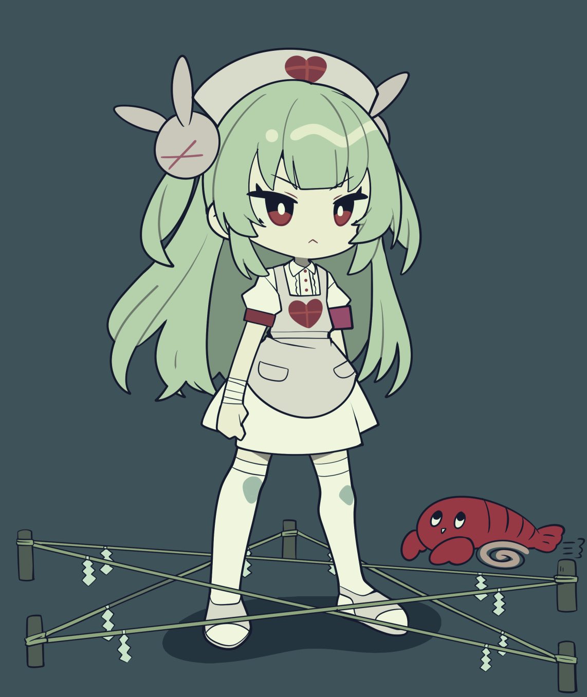 1girl :&lt; apron bandaged_arm bandages closed_mouth dress full_body grey_hair hair_ornament hat heart highres lobster long_hair mzh natori_sana nurse_cap pink_apron rabbit_hair_ornament red_eyes sana_channel short_sleeves simple_background solo standing star_(symbol) thigh-highs two_side_up virtual_youtuber white_dress white_thighhighs