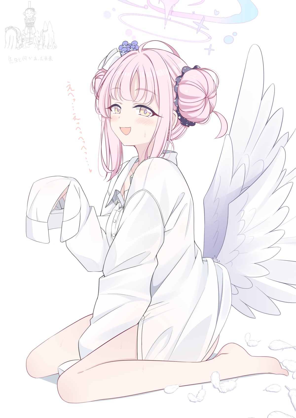 1girl :d alternate_costume angel_wings bare_legs barefoot blue_archive blunt_bangs blush commentary_request double_bun feathered_wings feathers flower from_side hair_bun hair_flower hair_ornament hair_scrunchie halo highres hoshino_ouka long_hair long_sleeves looking_at_viewer looking_to_the_side mika_(blue_archive) official_alternate_hairstyle oversized_clothes oversized_shirt pink_hair scrunchie shirt sidelocks simple_background sitting sleeves_past_fingers sleeves_past_wrists smile soles solo sweatdrop toes translation_request wariza white_background white_feathers white_shirt white_wings wings yellow_eyes