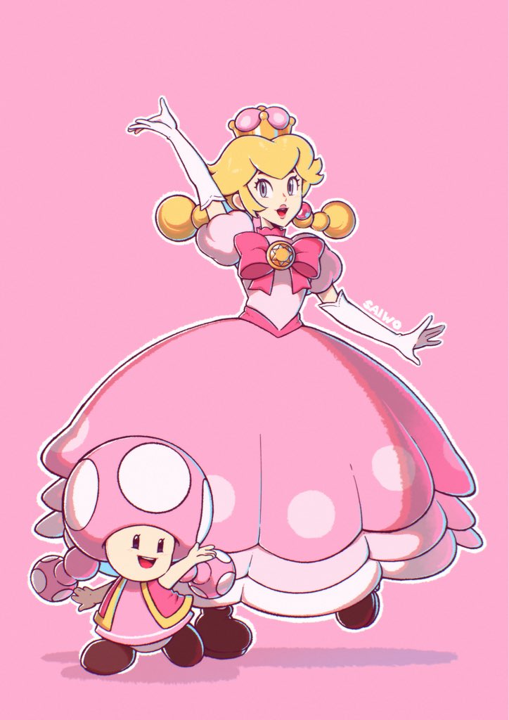 2girls artist_name blonde_hair bow brown_footwear dress elbow_gloves full_body gloves multiple_girls open_mouth peachette pink_background pink_bow pink_dress pink_vest saiwo_(saiwoproject) simple_background super_mario_bros. toadette vest white_gloves