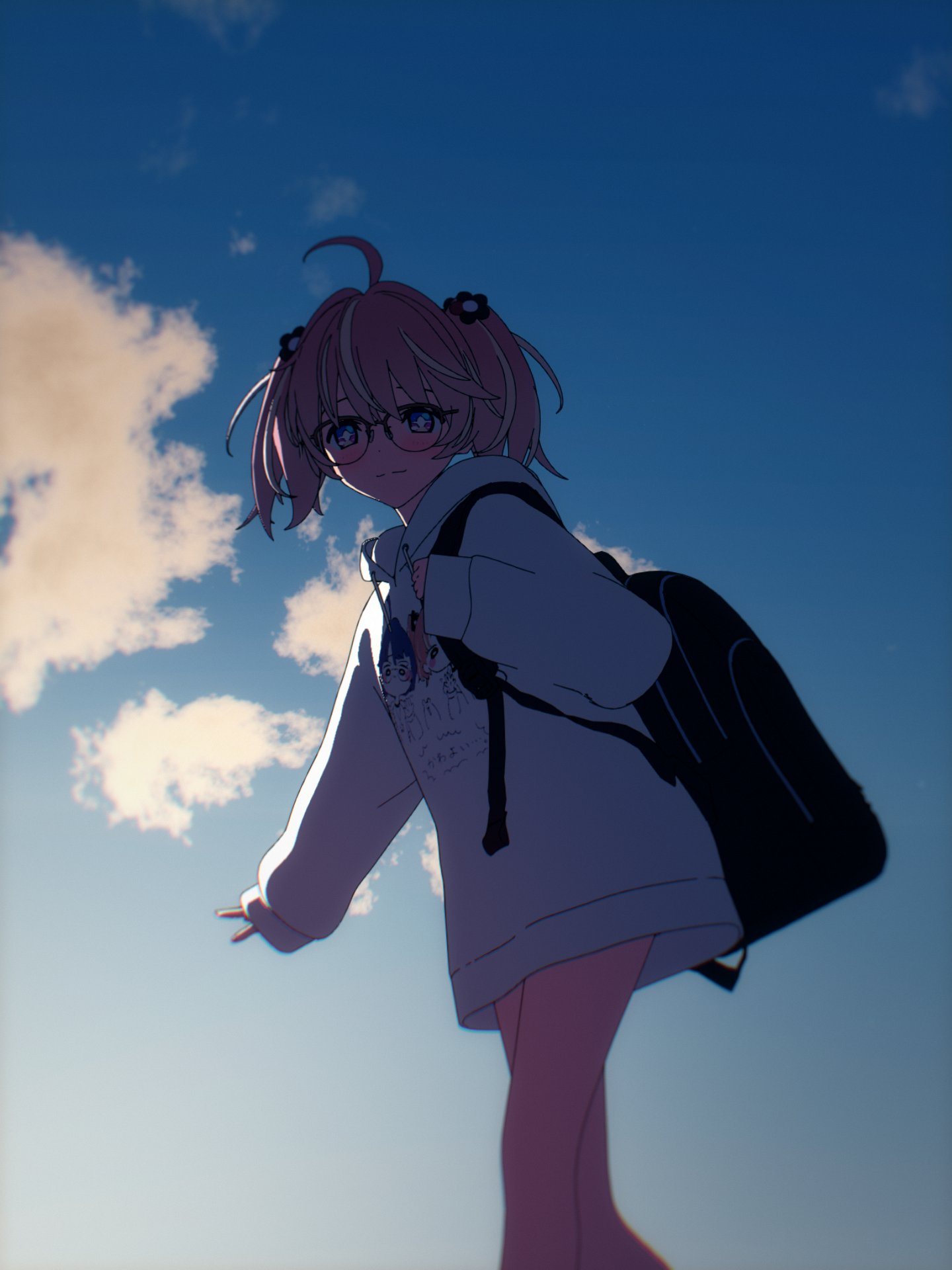 +_+ 1girl 3d ahoge artist_request backlighting backpack bag bare_legs black_bag blender_(medium) blonde_hair blue_sky bright_pupils closed_mouth clothes_writing clouds day drawstring flower glasses hair_flower hair_ornament hand_up highres hood hoodie light_smile long_sleeves looking_at_viewer medium_hair multicolored_eyes multicolored_hair no_pants orange_hair outdoors outstretched_arm pink_eyes print_hoodie rinne_(rinrinne) rinrinne semi-rimless_eyewear sky sleeves_past_wrists solo split_mouth standing streaked_hair violet_eyes virtual_youtuber white_hoodie white_pupils wide_sleeves