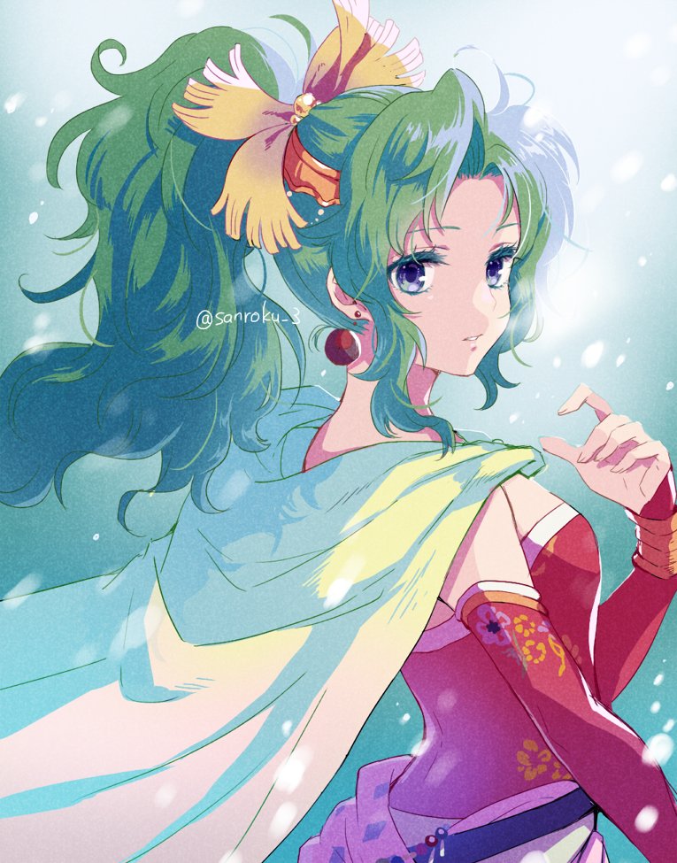 1girl blue_background breasts cape dangle_earrings detached_sleeves dress earrings final_fantasy final_fantasy_vi green_hair hair_ribbon jewelry long_hair looking_at_viewer looking_back medium_breasts parted_bangs parted_lips ponytail red_dress red_sleeves ribbon sanroku_3 solo strapless strapless_dress terra_branford tube_dress twitter_username upper_body violet_eyes waist_sash wavy_hair yellow_cape yellow_ribbon