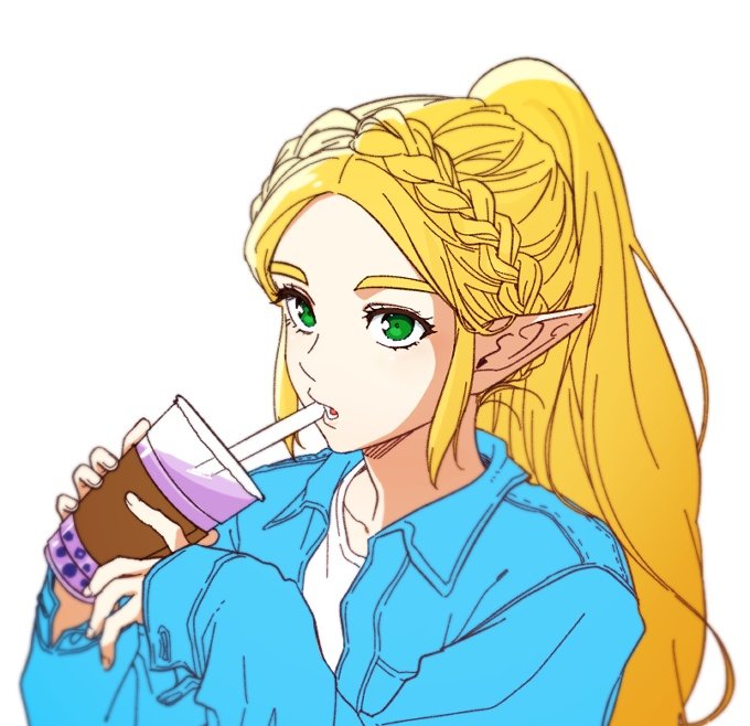 1girl alternate_costume blonde_hair blue_jacket braid bubble_tea casual commentary_request crown_braid drinking_straw drinking_straw_in_mouth green_eyes jacket korean_commentary long_hair long_sleeves parted_bangs parted_lips pointy_ears ponytail princess_zelda shirt sidelocks solo the_legend_of_zelda the_legend_of_zelda:_breath_of_the_wild tnp upper_body white_background white_shirt
