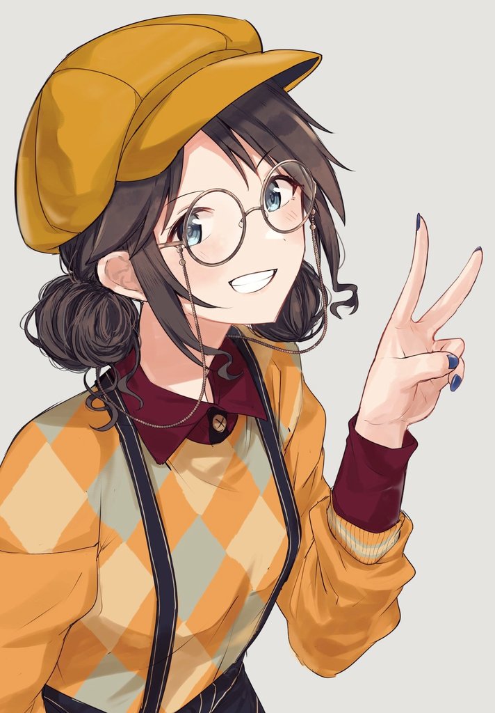 1girl black_hair blue_eyes blue_nails blush buttons commentary_request diagonal_bangs double_bun flat_cap glasses grey_background hair_bun hanetsuka hat idolmaster idolmaster_shiny_colors long_sleeves looking_at_viewer mitsumine_yuika nail_polish red_shirt round_eyewear shirt sidelocks simple_background smile solo suspenders sweater teeth twintails upper_body v yellow_headwear