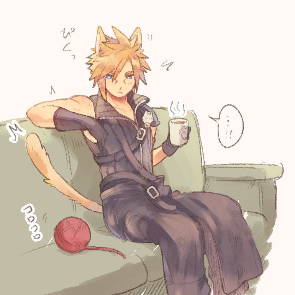 ...! 1boy ^^^ animal_ears arm_ribbon armor asymmetrical_arms asymmetrical_gloves black_gloves black_pants blonde_hair blue_eyes buckle cat_boy cat_ears cat_tail cloud_strife couch cup drink facial_mark final_fantasy final_fantasy_vii final_fantasy_xiv gloves high_collar holding holding_cup holding_drink male_focus miqo'te on_couch pants pauldrons red_ribbon ribbon serious short_hair shoulder_armor single_pauldron sitting sleeveless sleeveless_turtleneck solo speech_bubble strap tail tasituma2 turtleneck yarn yarn_ball yellow_fur zipper