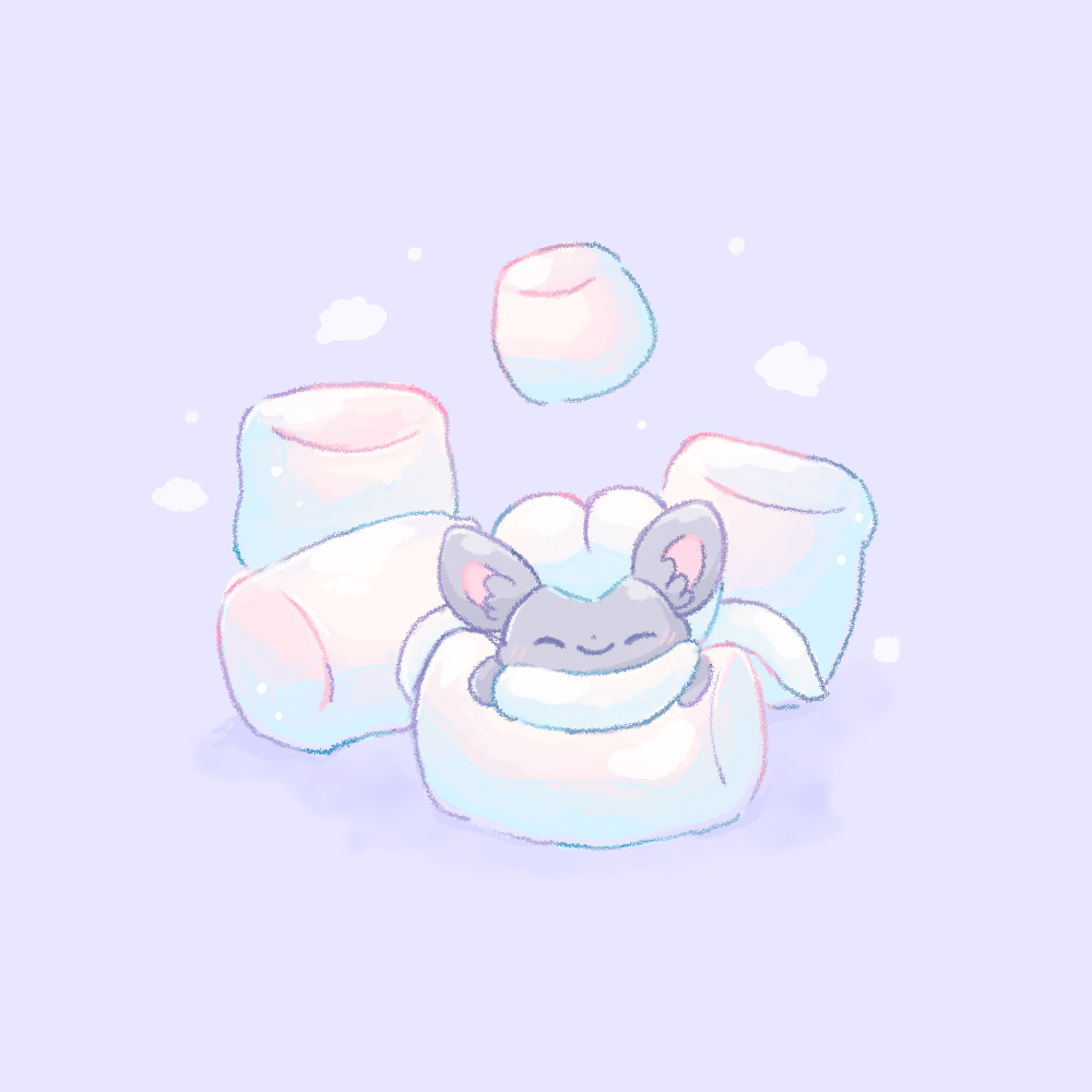 ^_^ animal_focus blue_background blush cinccino closed_eyes closed_mouth commentary facing_viewer food food_focus happy kinakomochi_(monsteromochi) light_blush marshmallow neck_fur no_humans pokemon pokemon_(creature) simple_background smile solo white_hair