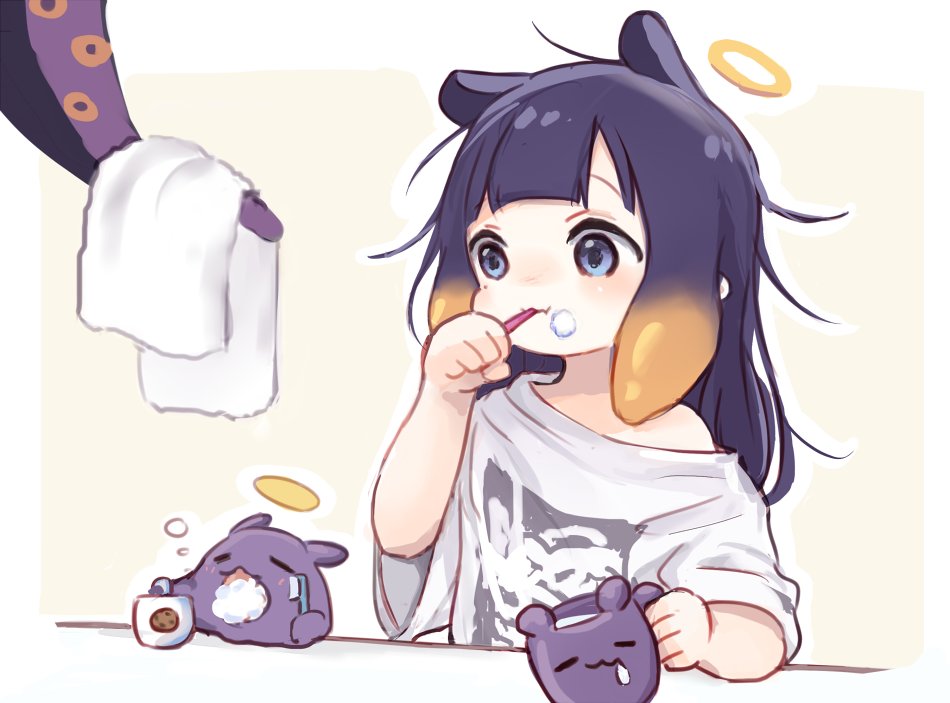 1girl aged_down animal_ears blue_eyes blush brushing_teeth child cup halo hand_up holding holding_cup holding_towel hololive hololive_english long_hair messy_hair ninomae_ina'nis off_shoulder purple_hair shirt single_bare_shoulder smile takodachi_(ninomae_ina'nis) tentacle_hair tentacles toothbrush toothbrush_in_mouth towel water white_shirt wide_sleeves yuuyu_(777)