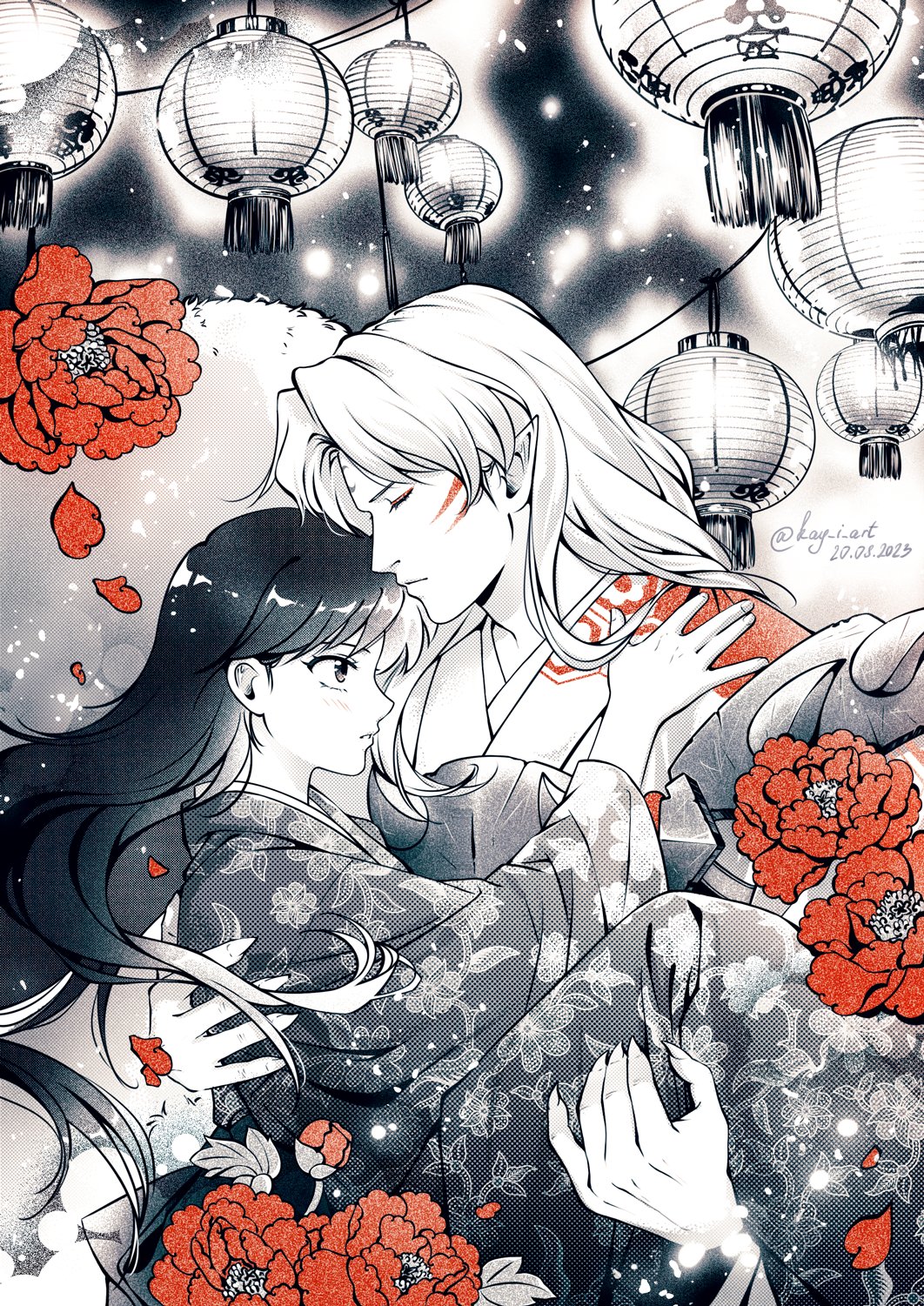 1boy 1girl black_hair blush carrying closed_eyes couple crescent crescent_facial_mark dated demon_boy facial_mark falling_petals fingernails flower forehead_mark hetero highres inuyasha japanese_clothes kay-i lantern long_hair monochrome paper_lantern parted_bangs parted_lips petals pointy_ears princess_carry red_eyeliner red_flower red_theme rin_(inuyasha) sesshoumaru sharp_fingernails shoulder_spikes spikes twitter_username upper_body white_hair