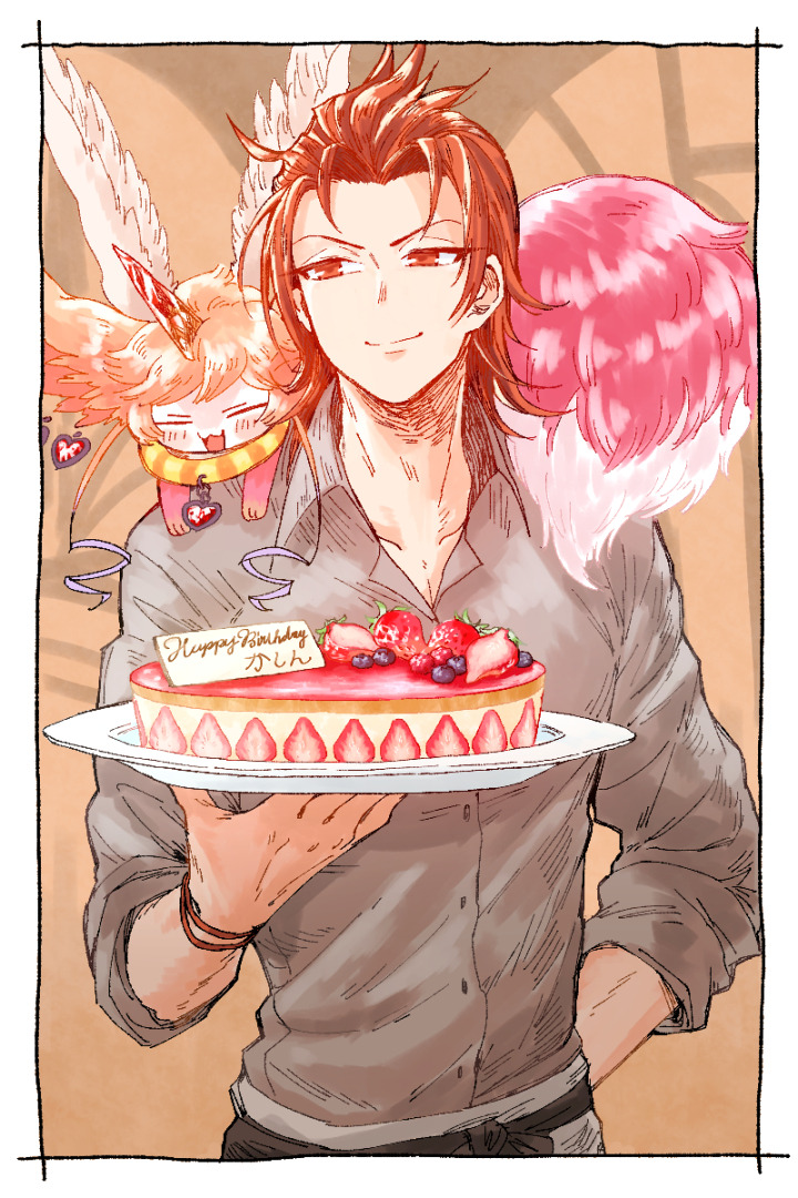 1boy arm_behind_back birthday_cake buttons cake carbuncle_(granblue_fantasy) closed_mouth collared_shirt commentary_request food gedougawa granblue_fantasy grey_shirt happy_birthday heart holding holding_plate horns male_focus medium_hair orange_eyes orange_hair percival_(granblue_fantasy) plate shirt single_horn sleeves_rolled_up smile upper_body wristband