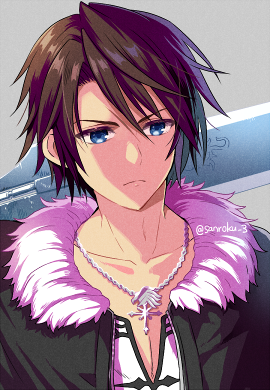 1boy black_jacket blue_eyes brown_hair chain_necklace closed_mouth final_fantasy final_fantasy_viii fur-trimmed_jacket fur_trim grey_background gunblade jacket jewelry male_focus necklace parted_bangs portrait sanroku_3 scar scar_on_face scar_on_forehead shirt short_hair solo squall_leonhart twitter_username upper_body weapon weapon_on_back white_shirt