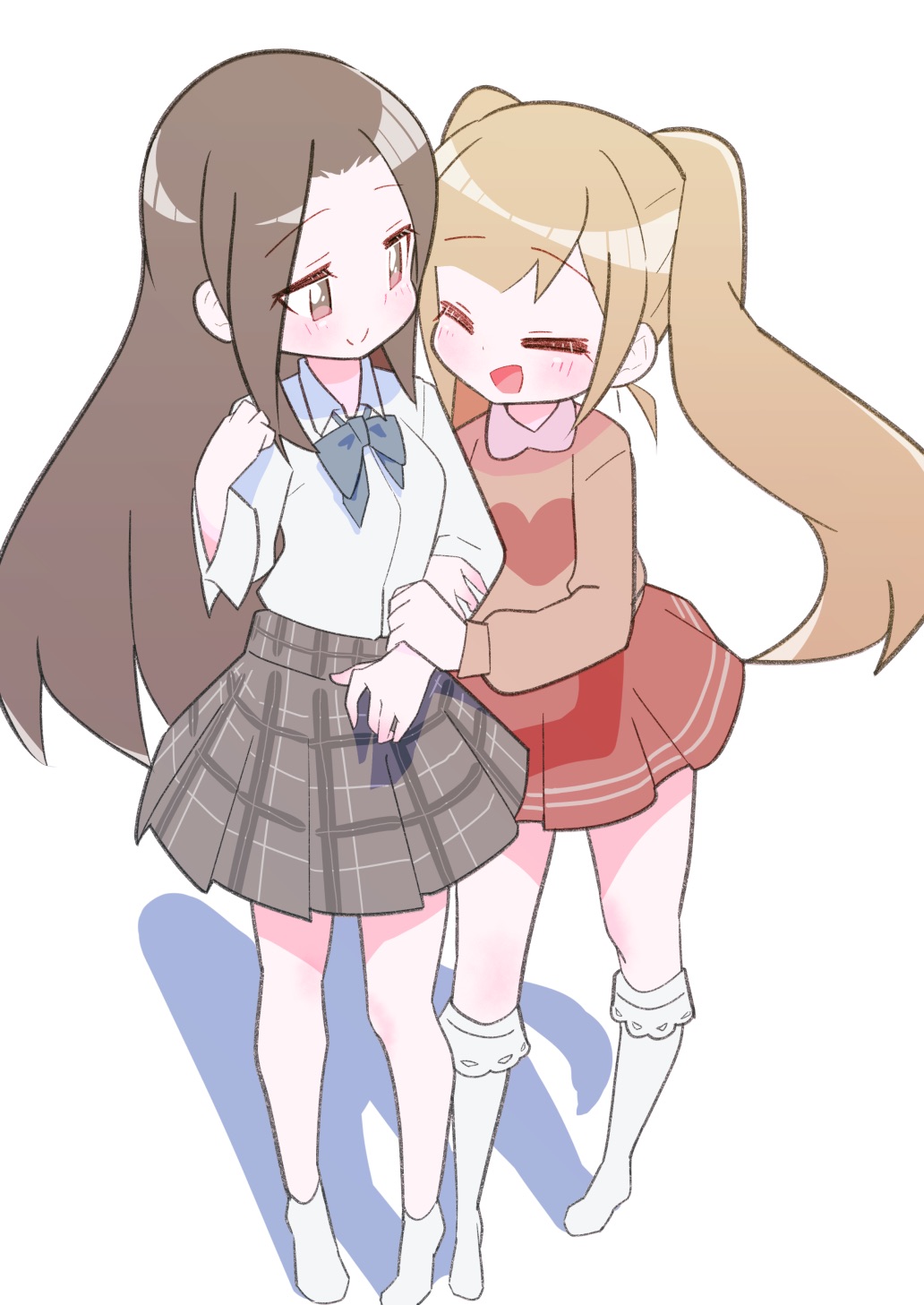 2girls aly_(eshikidori) ankle_socks bare_legs blonde_hair blush bow bowtie brown_eyes brown_hair brown_shirt closed_eyes closed_mouth collared_shirt commentary_request drop_shadow forehead full_body grey_bow grey_bowtie grey_skirt happy heart highres holding_another's_arm kneehighs lace-trimmed_legwear lace-trimmed_socks lace_trim long_hair long_sleeves looking_at_another miniskirt multiple_girls no_shoes open_mouth original plaid plaid_skirt pleated_skirt red_skirt school_uniform shirt sidelocks simple_background skirt smile socks split_mouth standing twintails very_long_hair white_background white_shirt white_socks yuri