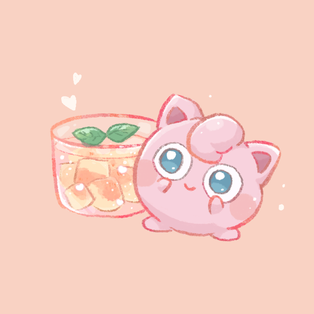 animal_focus blue_eyes blush blush_stickers closed_mouth commentary cup drink drinking_glass food food_focus fruit full_body happy head_tilt heart jigglypuff kinakomochi_(monsteromochi) leaf mint no_humans orange_background peach pokemon pokemon_(creature) simple_background smile solo standing