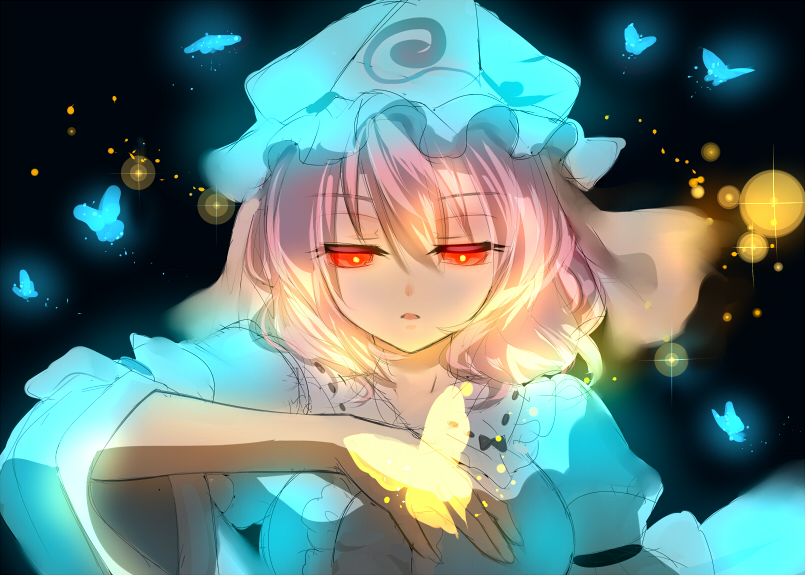 1girl black_background blue_headwear bug butterfly half-closed_eyes hat lens_flare long_sleeves mob_cap nagare open_mouth pink_hair red_eyes saigyouji_yuyuko short_hair simple_background solo touhou triangular_headpiece upper_body wide_sleeves