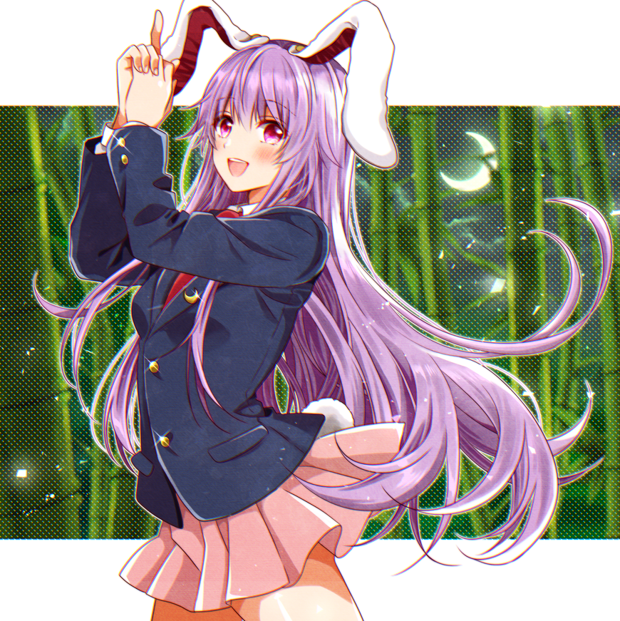 1girl animal_ears bamboo black_jacket blazer blush buttons collared_shirt cowboy_shot crescent_moon jacket long_hair long_sleeves moon necktie okawa_friend open_mouth pink_skirt pleated_skirt purple_hair rabbit_ears rabbit_tail red_eyes red_necktie reisen_udongein_inaba shirt skirt smile solo tail touhou white_shirt