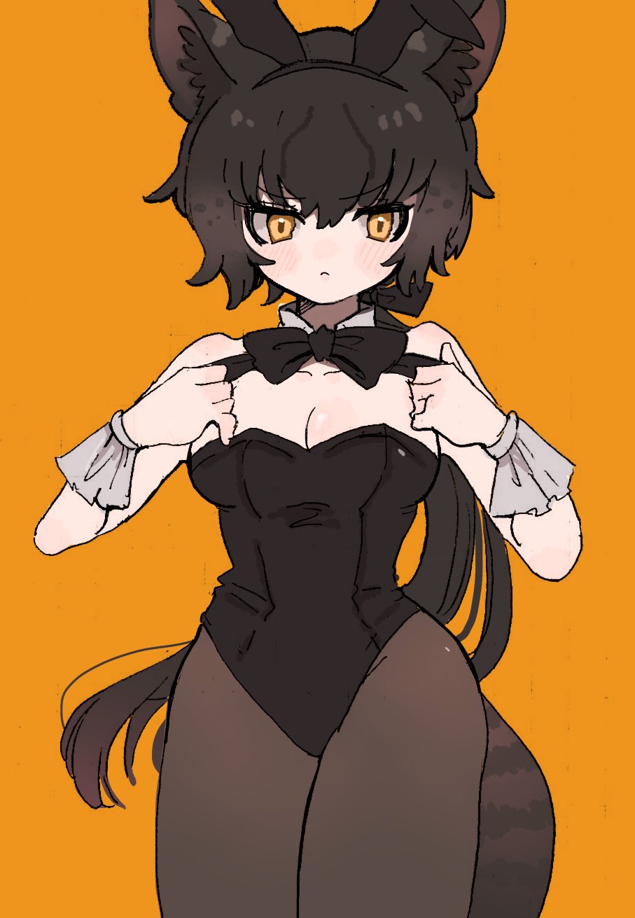 010mzam 1girl :&lt; animal_ears bare_shoulders black_bow black_bowtie black_hair black_leotard black_pantyhose black_serval_(kemono_friends) blush bow bowtie bunny_day cat_ears cat_girl cat_tail cowboy_shot detached_collar hair_between_eyes highres kemono_friends leotard pantyhose playboy_bunny short_hair sidelocks solo strapless strapless_leotard tail wrist_cuffs yellow_eyes