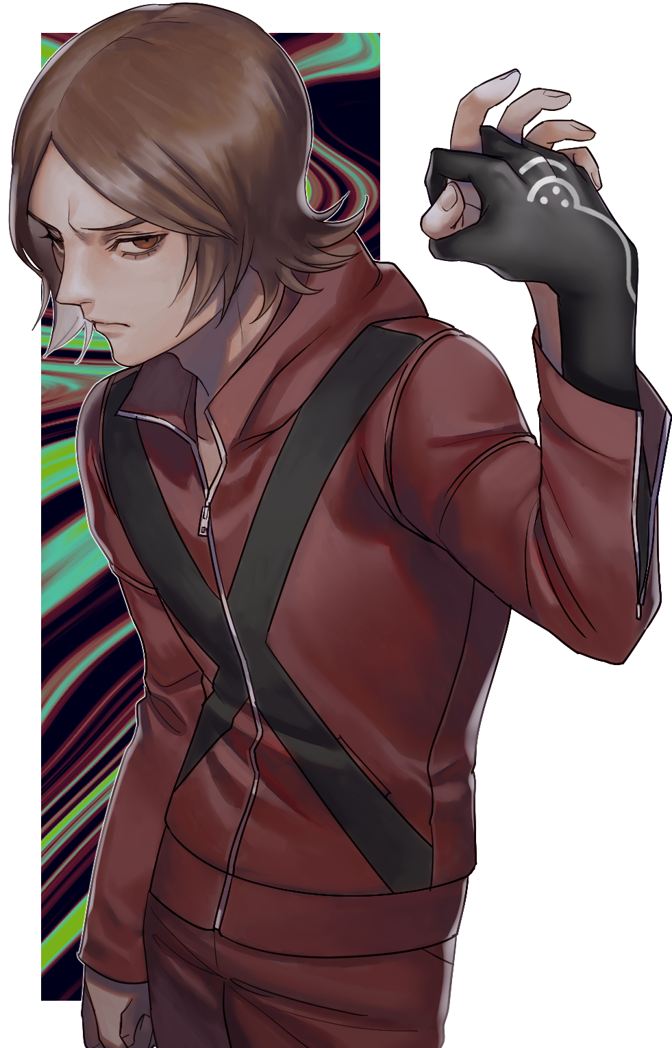 1boy brown_eyes brown_hair closed_mouth extra_hands furrowed_brow highres holding_hands jacket long_sleeves looking_to_the_side male_focus pants persona persona_2 pillarboxed red_jacket red_pants short_hair suou_tatsuya yuusya27