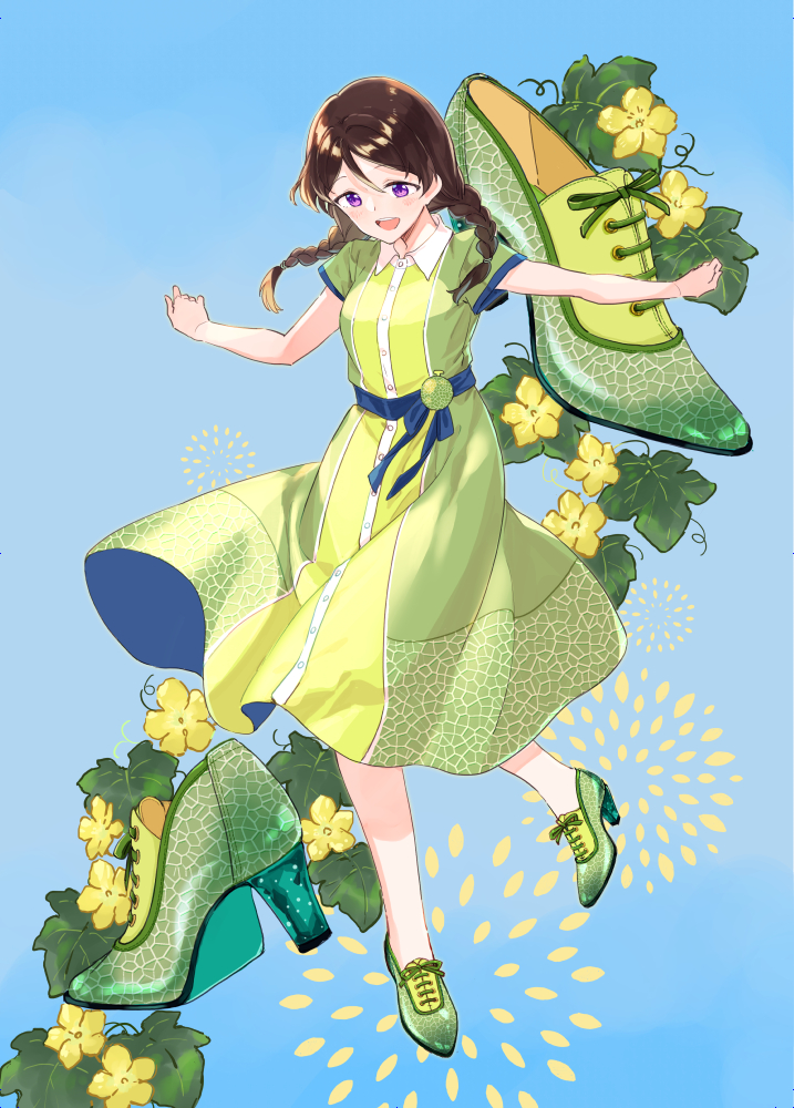 1girl :d blue_background braid breasts brown_hair cantaloupe character_request collared_dress commentary_request dress food fruit green_dress green_footwear hair_between_eyes high_heels kutsu_no_muku_mama long_hair low_twintails medium_breasts miyabi_akino shoes short_sleeves smile solo twin_braids twintails violet_eyes