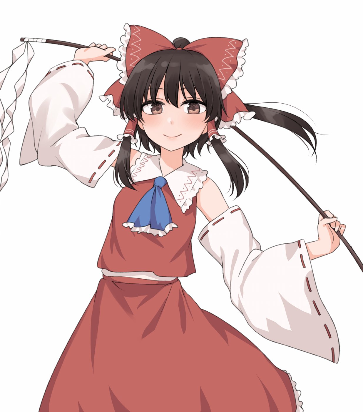 1girl arm_up ascot bare_shoulders blue_ascot bow breasts brown_eyes brown_hair closed_mouth cowboy_shot detached_sleeves floating_hair frilled_ascot frilled_bow frilled_hair_tubes frilled_shirt_collar frills gohei hair_bow hair_tubes hakurei_reimu hand_up highres holding holding_stick leaning_to_the_side light_blush long_sleeves looking_at_viewer miyo_(ranthath) petticoat red_bow red_skirt red_vest ribbon-trimmed_sleeves ribbon_trim short_hair_with_long_locks sidelocks simple_background skirt skirt_set small_breasts smile solo stick touhou two-handed vest white_background