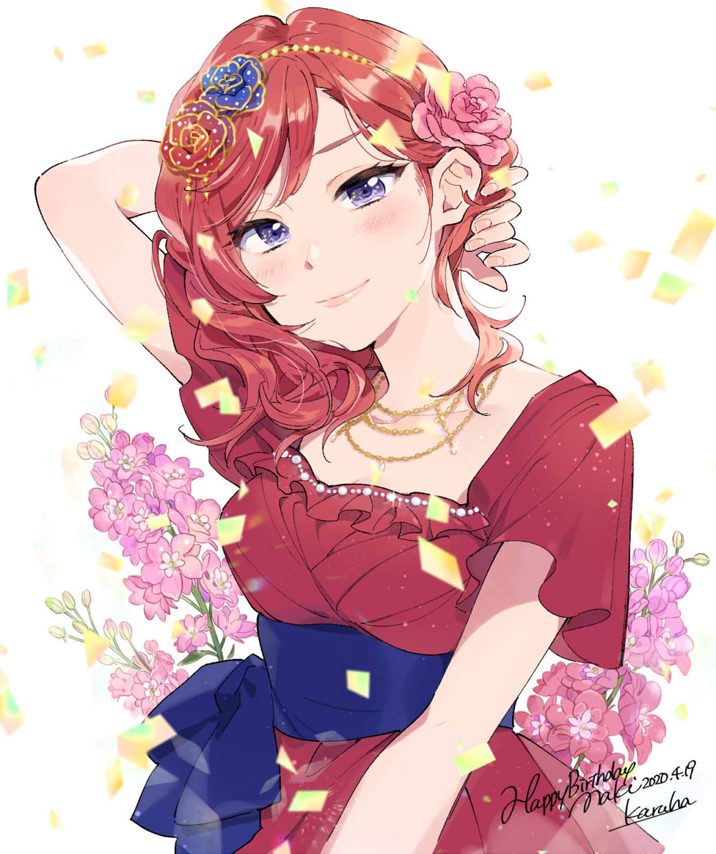 1girl arm_behind_head artist_name blush breasts character_name closed_mouth commentary confetti dated dress english_commentary fingernails floral_background flower hair_flower hair_ornament happy_birthday highres karuha looking_at_viewer love_live! love_live!_school_idol_project nishikino_maki pink_flower red_dress redhead short_sleeves smile solo upper_body violet_eyes