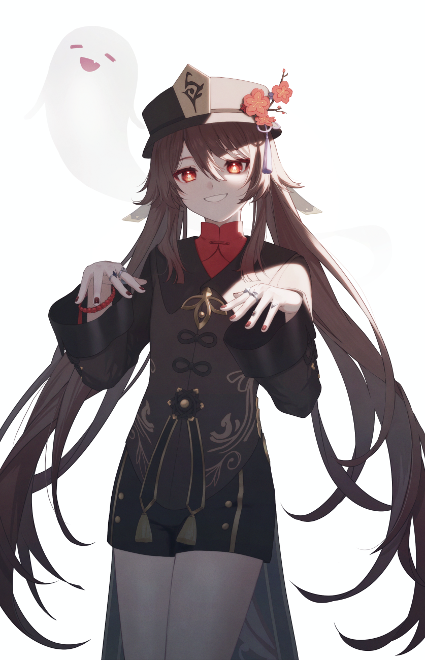 1girl black_headwear black_shorts boo_tao_(genshin_impact) bright_pupils brown_coat brown_hair coat coattails cowboy_shot flower flower-shaped_pupils genshin_impact ghost grin hair_between_eyes hat hat_flower hat_tassel highres hu_tao_(genshin_impact) jewelry long_hair long_sleeves looking_at_viewer multiple_rings orange_eyes red_nails ring shorts simple_background smile solo symbol-shaped_pupils twintails umeko_208 white_background white_pupils