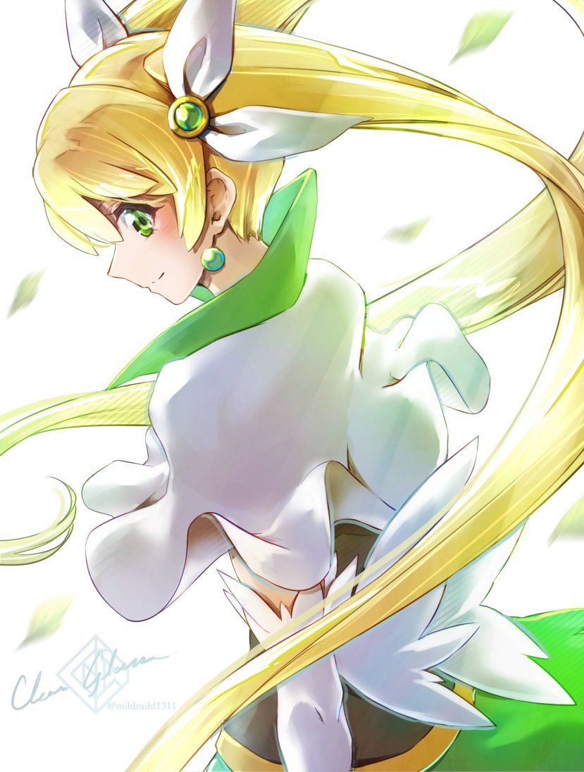 1girl blonde_hair capelet clear_glass_(mildmild1311) earrings elbow_gloves gloves green_eyes green_skirt hair_ribbon happinesscharge_precure! jewelry looking_at_viewer looking_back precure ribbon simple_background skirt solo twintails unknown_blonde-haired_cure_(happinesscharge_precure!) white_background wind