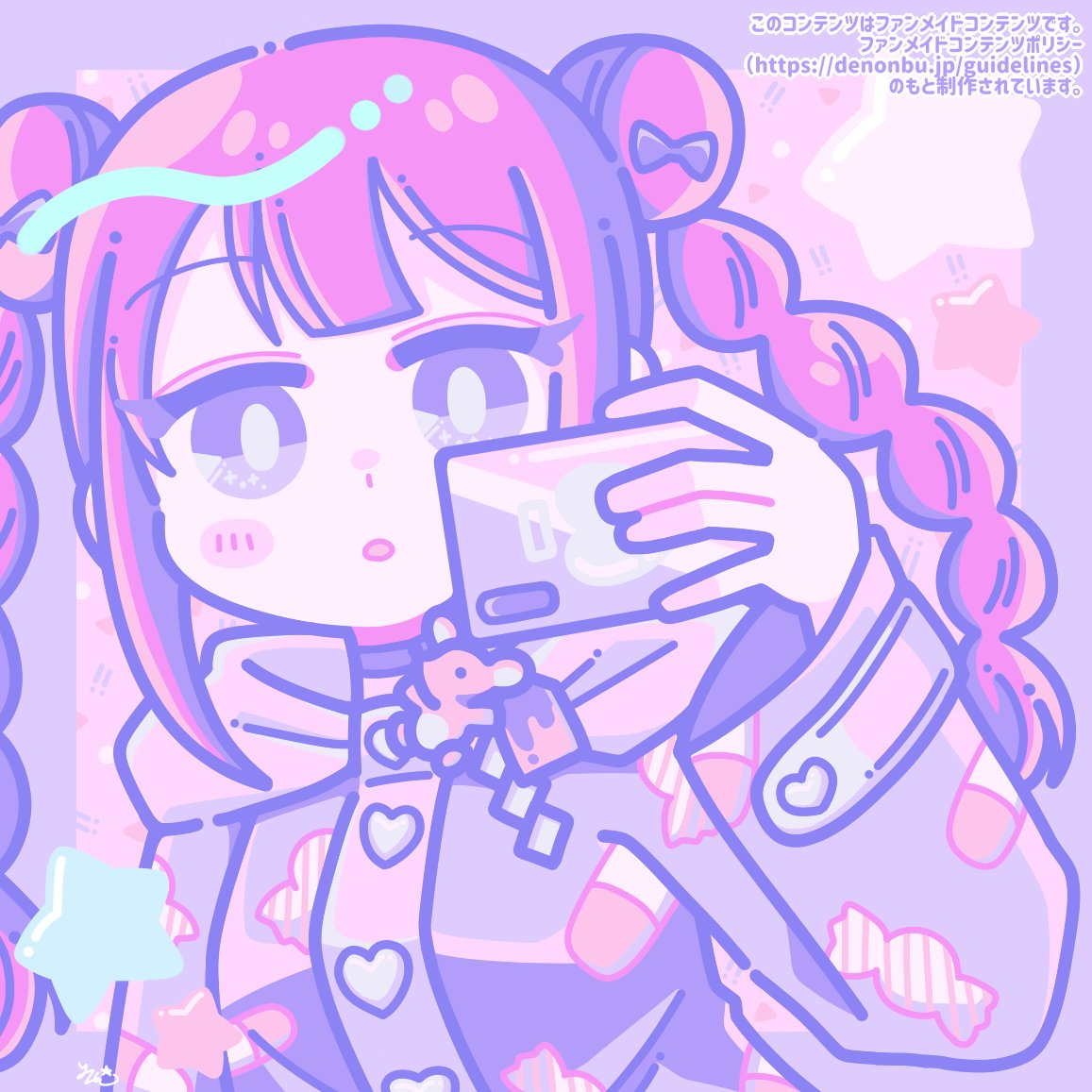 1girl :o blush bow braid candy_print cellphone choker commentary_request commission denonbu double_bun hair_bow hair_bun hand_up holding holding_phone hood hoodie inubousaki_shian long_hair long_sleeves looking_at_viewer open_mouth pastel_colors phone pill_print pink_hair purple_hoodie second-party_source skeb_commission smartphone solo star_(symbol) twin_braids upper_body violet_eyes yazawa_mametarou