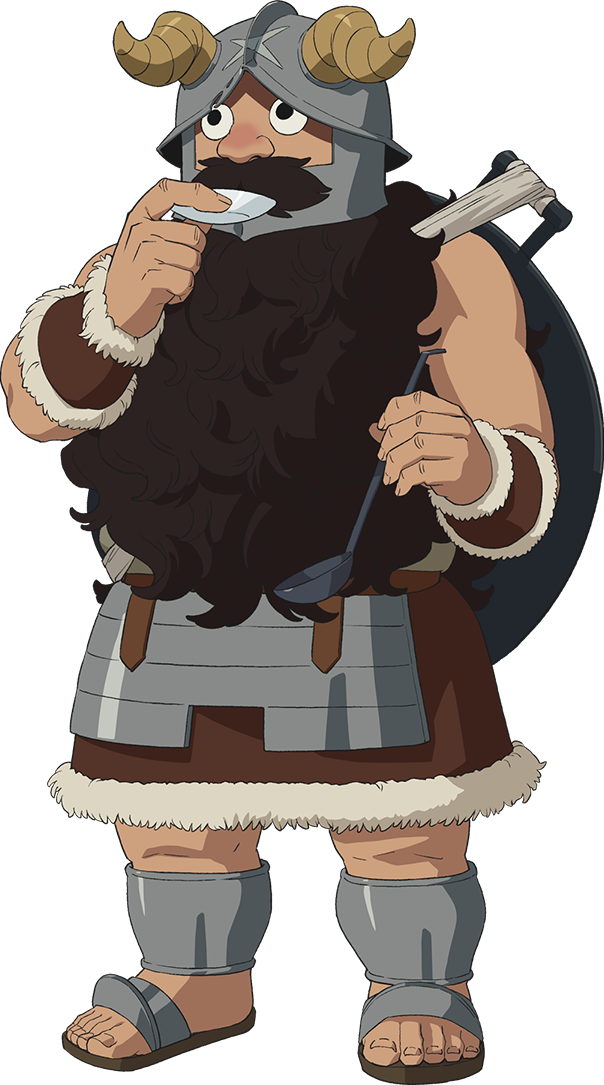 1boy anime_coloring bad_source beard black_hair cooking dungeon_meshi dwarf facial_hair fake_horns full_body helmet horned_helmet horns long_beard long_hair looking_up male_focus mature_male muscular muscular_male o_o official_art plate roman_clothes senshi_(dungeon_meshi) shield solo tasting_plate thick_eyebrows thick_mustache transparent_background very_long_beard weapon_behind_back