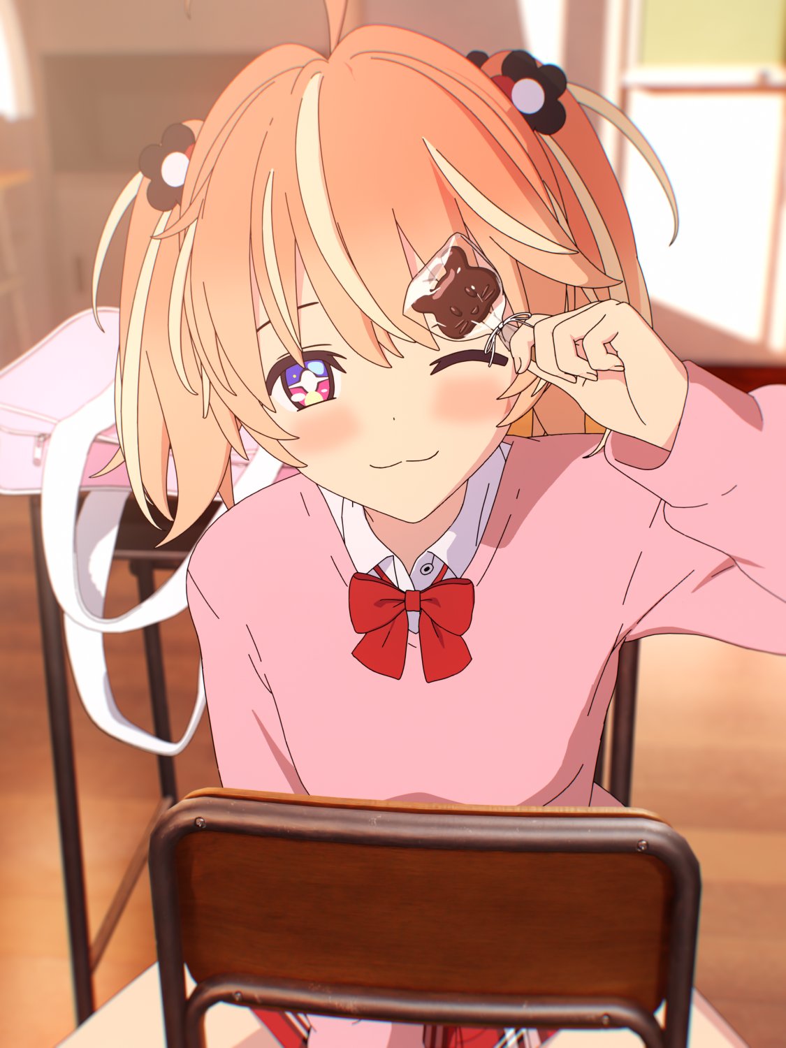 +_+ 1girl 3d :3 ahoge bag blender_(medium) blonde_hair blurry blurry_background blush bow bowtie bright_pupils chair classroom closed_mouth collared_shirt cowboy_shot day desk dot_nose flower food food_request hair_flower hair_ornament hand_up highres holding holding_food indoors long_sleeves looking_at_viewer medium_hair multicolored_eyes multicolored_hair one_eye_closed orange_hair pink_bag pink_eyes pink_sweater plaid plaid_skirt red_bow red_bowtie red_skirt rinne_(rinrinne) rinrinne rinrinne39_(artist) school_bag school_chair school_desk school_uniform shirt sitting sitting_backwards skirt smile solo split_mouth streaked_hair sweater two_side_up valentine violet_eyes virtual_youtuber white_pupils white_shirt wooden_floor
