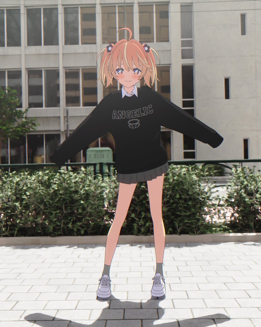 +_+ 1girl 3d ahoge black_skirt black_sweater blender_(medium) blonde_hair bright_pupils building bush city closed_mouth collared_shirt day flower full_body grey_socks hair_flower hair_ornament highres light_smile long_sleeves medium_hair miniskirt multicolored_eyes multicolored_hair orange_hair outdoors outstretched_arms pink_eyes pleated_skirt rinne_(rinrinne) rinrinne rinrinne39_(artist) shadow shirt shoes sidewalk skirt sleeves_past_fingers sleeves_past_wrists sneakers socks solo spread_arms standing streaked_hair sweater tree two_side_up violet_eyes virtual_youtuber white_footwear white_pupils white_shirt