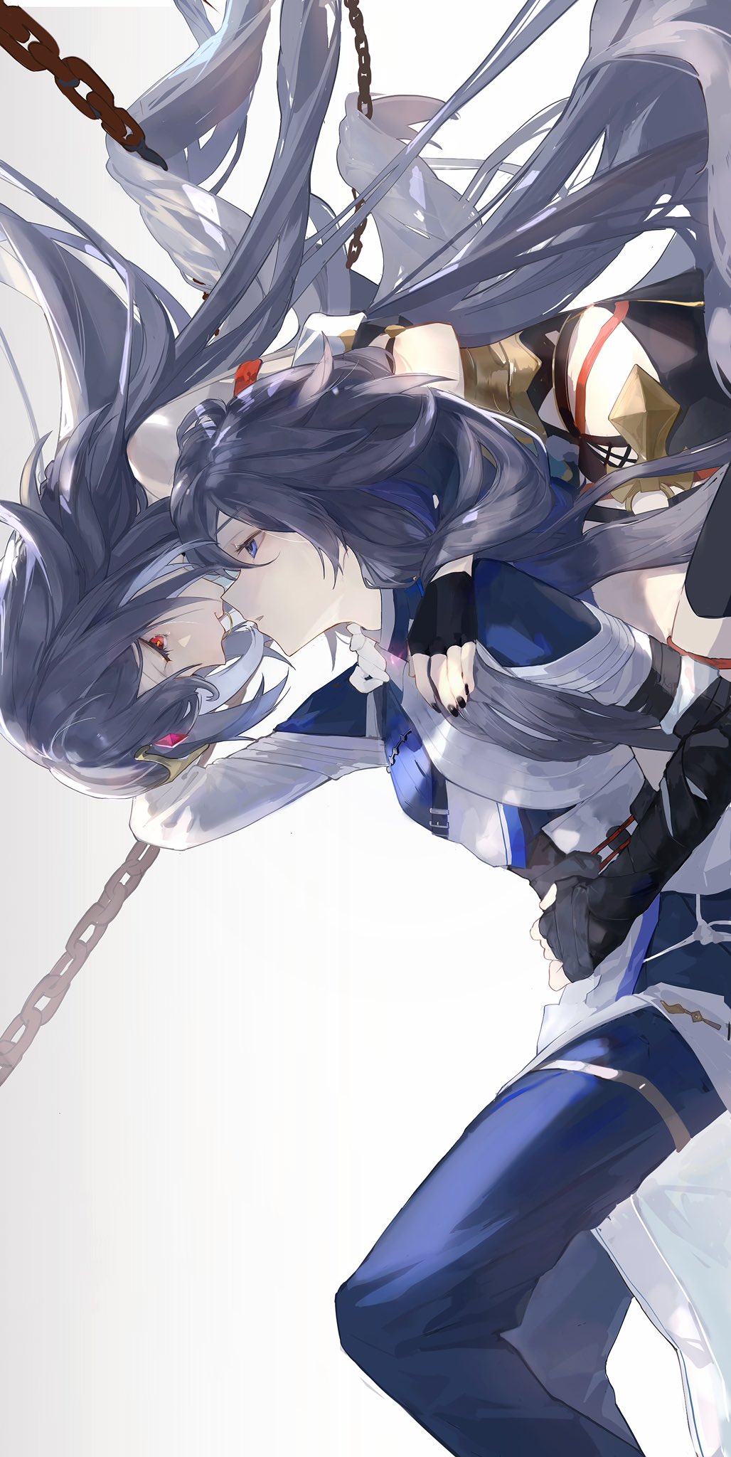 2girls bare_shoulders black_gloves black_nails blue_eyes blue_pants chain chinese_clothes chinese_commentary closed_mouth dual_persona fingernails fu_hua fu_hua_(azure_empyrea) fu_hua_(herrscher_of_sentience) fu_hua_(taixuan_impression) gloves grey_hair hand_on_another's_shoulder highres honkai_(series) honkai_impact_3rd jewelry kuliukunkunkunkunkunkunkun long_hair looking_at_another lying multicolored_hair multiple_girls on_back pants red_eyes selfcest simple_background sitting streaked_hair valentine white_background yuri