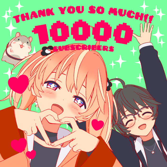 +_+ 2girls 3d ahoge arms_up black_choker black_hair black_hoodie black_shirt blender_(medium) blonde_hair blush bright_pupils choker closed_mouth dot_nose english_text facing_viewer flower glasses green_background hair_flower hair_ornament hamster hands_up heart heart_hands hood hood_down hoodie jewelry long_sleeves looking_at_viewer medium_hair milestone_celebration multicolored_eyes multicolored_hair multiple_girls necklace open_clothes open_hoodie open_mouth orange_hair orange_hoodie outstretched_arms pink_eyes rin_(rinrinne) rinne_(rinrinne) rinrinne rinrinne39_(artist) semi-rimless_eyewear shirt short_hair simple_background smile sparkle streaked_hair turtleneck two_side_up upper_body violet_eyes virtual_youtuber white_pupils