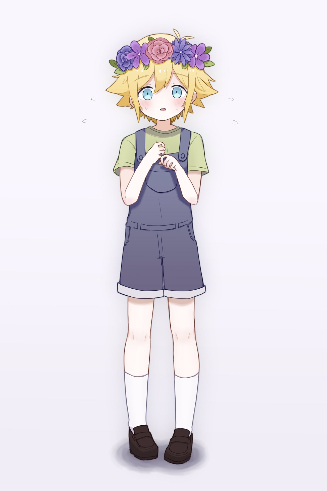1boy basil_(omori) blonde_hair blue_eyes blue_overalls blush brown_footwear flower flying_sweatdrops full_body green_shirt grey_background hatoba_(hatoba_yado) head_wreath highres loafers looking_at_viewer omori open_mouth overall_shorts overalls shirt shoes short_hair short_sleeves simple_background socks solo white_socks
