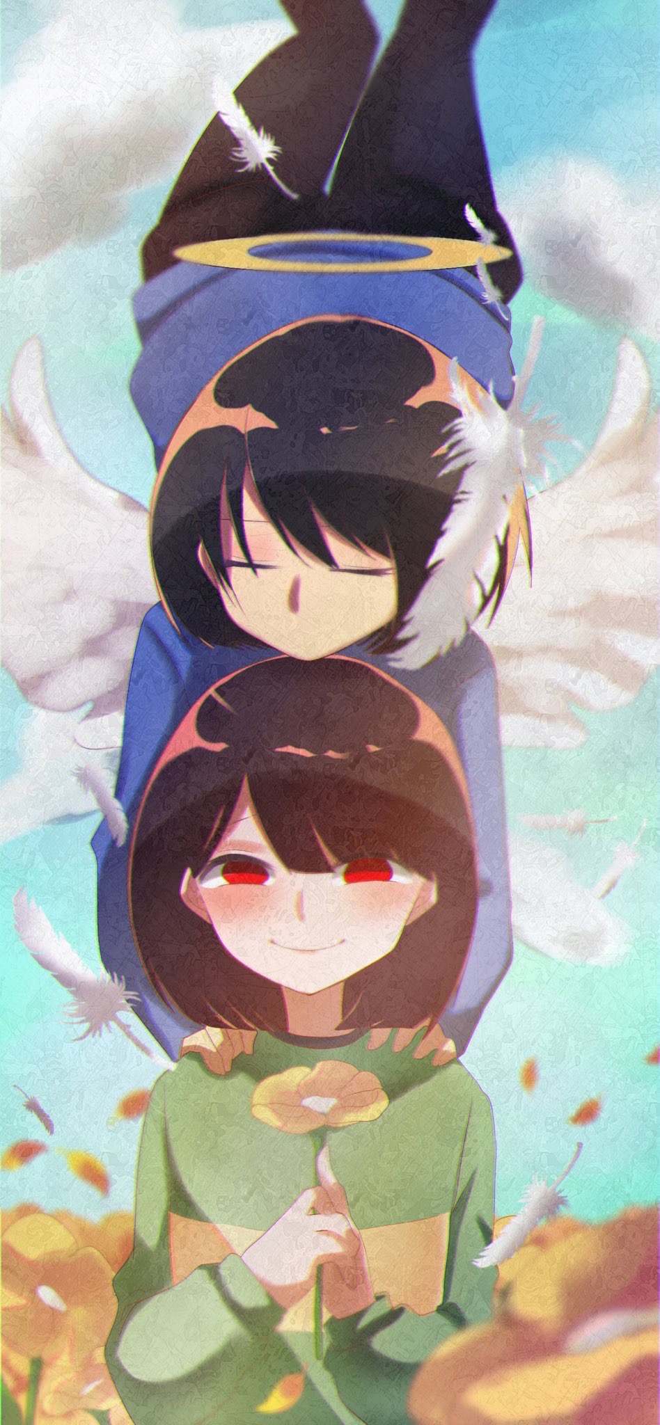 2others 345_myk androgynous angel angel_wings black_pantyhose black_shorts blue_sky blue_sweater blunt_ends blurry blurry_background blurry_foreground blush bob_cut brown_hair chara_(undertale) closed_eyes closed_mouth clouds commentary crazy_smile day depth_of_field falling_feathers feathered_wings feathers feet_out_of_frame field flower flower_field flying frisk_(undertale) green_sweater hair_between_eyes halo hands_on_another's_shoulders head_on_head head_rest highres holding holding_flower horns long_sleeves looking_at_viewer multiple_others narrowed_eyes outdoors own_hands_together pantyhose purple_sweater red_eyes short_hair short_shorts shorts single_horizontal_stripe single_horn sky smile standing sweater undertale upper_body upside-down w_arms white_feathers wings yellow_flower yellow_sweater