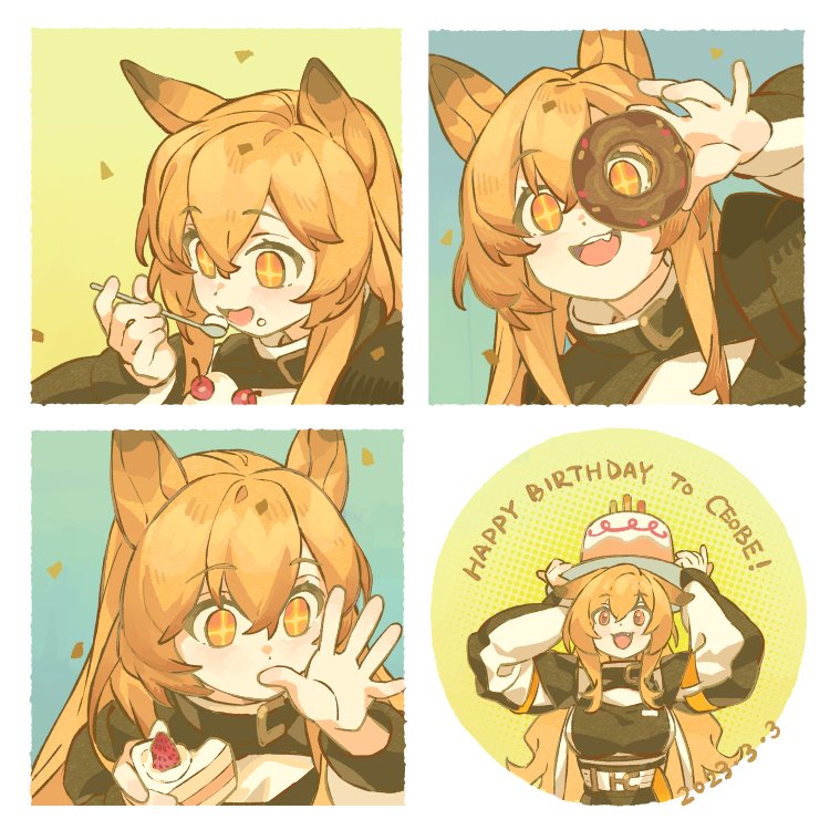 +_+ 1girl animal_ears arknights black_jacket blue_background blush border cake cake_hat cake_slice ceobe_(arknights) cherry commentary confetti crumbs dog_ears dog_girl dog_tail doughnut eating english_commentary english_text fang favilia food fruit green_background holding holding_food ice_cream jacket licking licking_finger long_hair long_sleeves looking_through_doughnut multicolored_clothes multicolored_jacket multiple_views open_mouth orange_eyes orange_hair simple_background smile tail two-tone_jacket white_jacket yellow_background